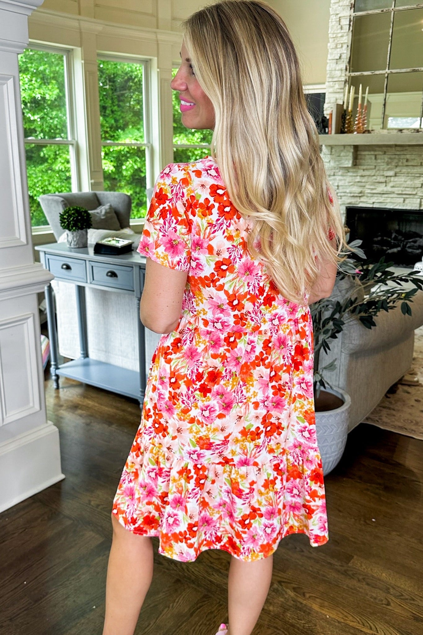 Multi Floral Tiered Shift Dress in Orange/Pink