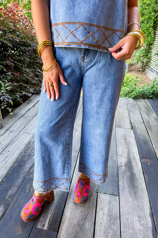 Denim Days Stitch Embroidery Pant Set