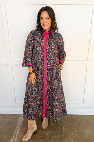 Floral Mosaic Contrast Trim Midi Dress in Navy & Magenta