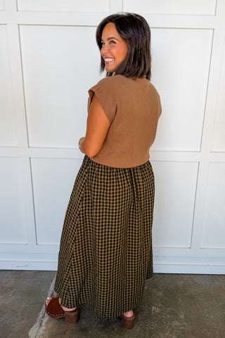 Two-way Gingham Maxi Dress + Knit Top in Camel