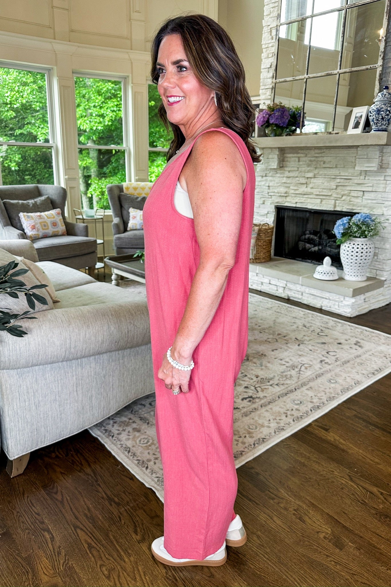 Pocketed Tank Top Linen Jumpsuit in Berry