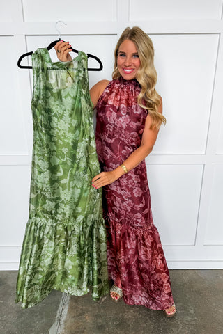 The Amelia Soirée Organza Midi Dress in Rust Floral