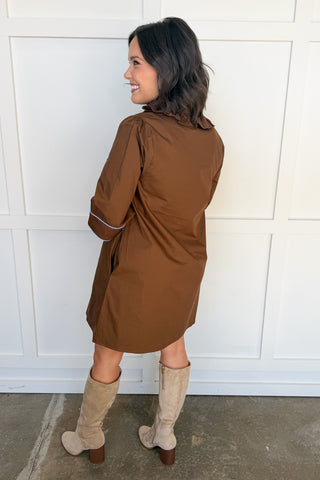 Folk Song Embroidered Shift Dress in Brown