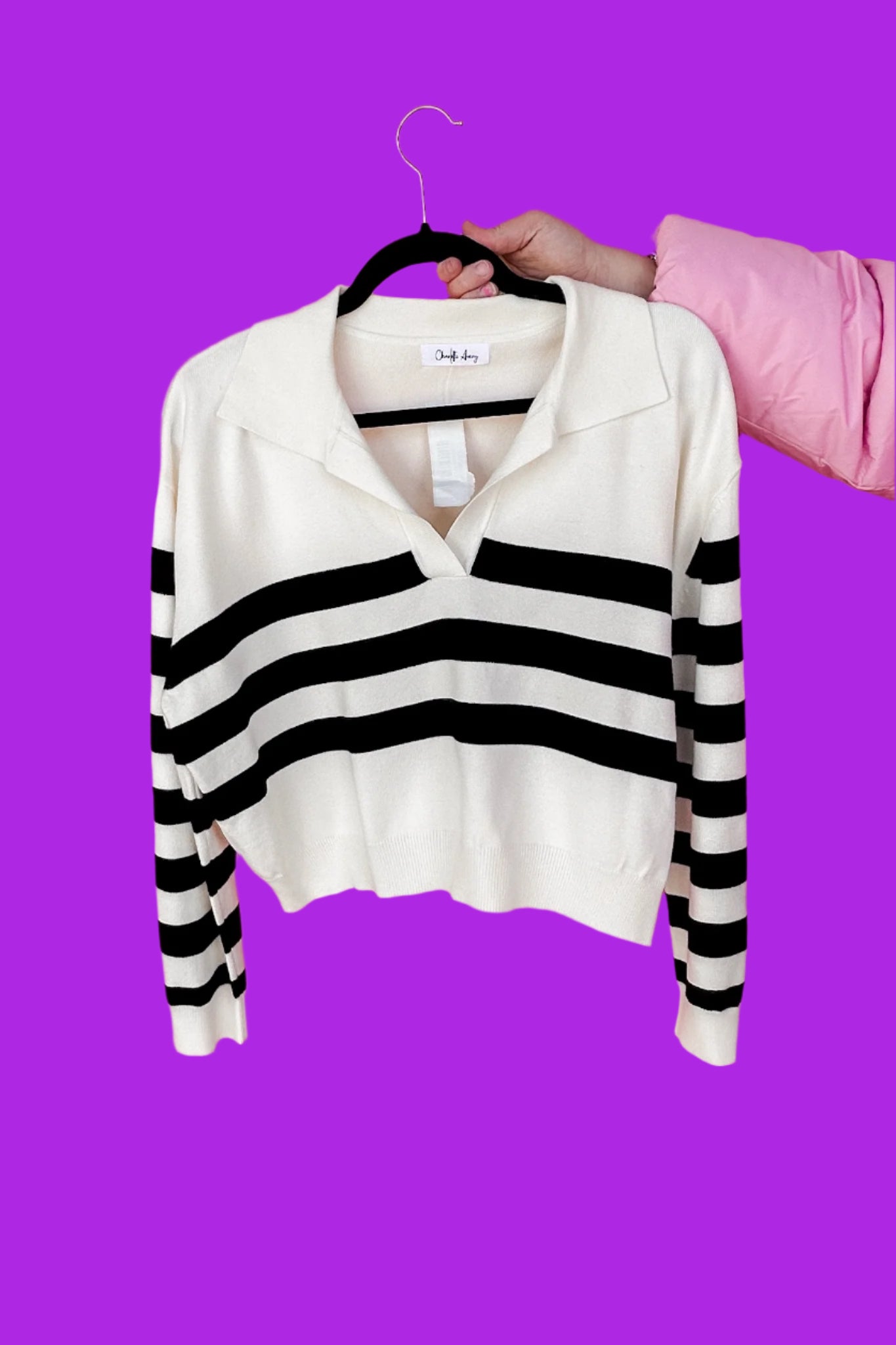 Classic Cropped Black & White Striped Collar Sweater