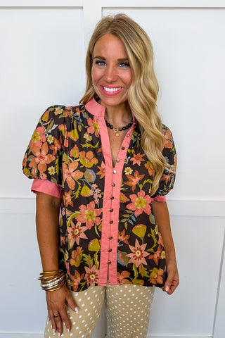 Rustic Bloom Floral Button Front Top