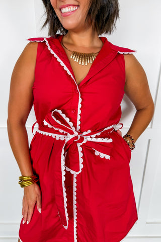 The Madison Scallop Trim Bow Dress in Crimson