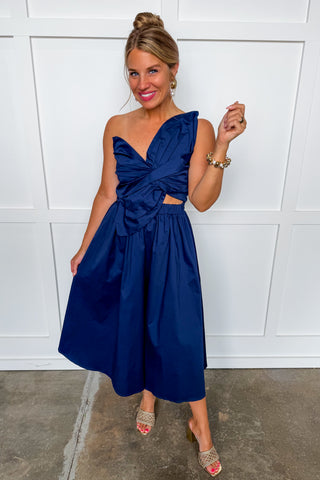 Center Stage Bow Midi Dress in Navy