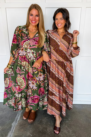 Talk Of The Town Paisley Midi Dress in Olive