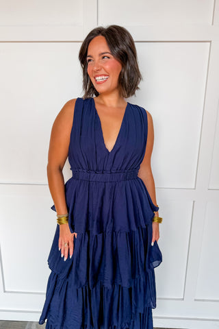 Grace & Glamour Tiered Maxi Dress in Navy