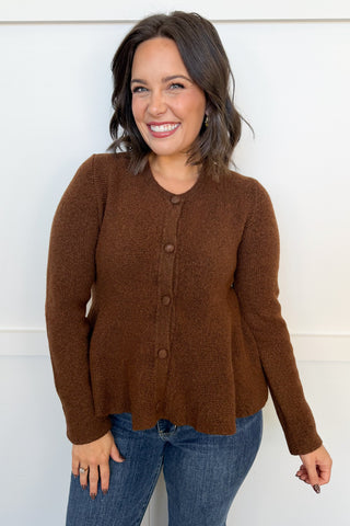The Collins Button Front Flare Sweater in Brown