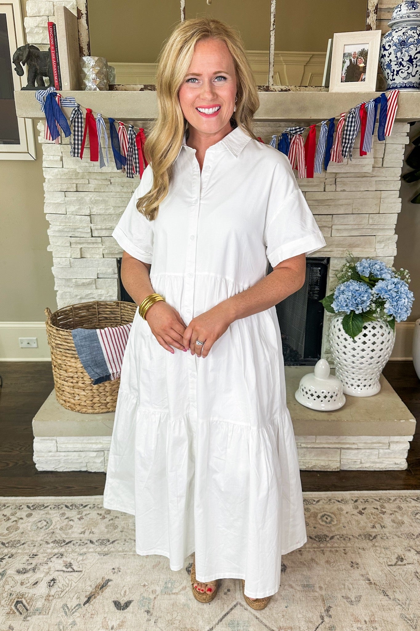 Staple Poplin Button Down Collared Tiered Midi Dress