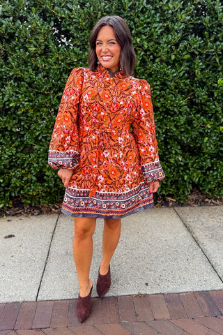 Wanderlust Border Print Mini Dress in Desert Salmon