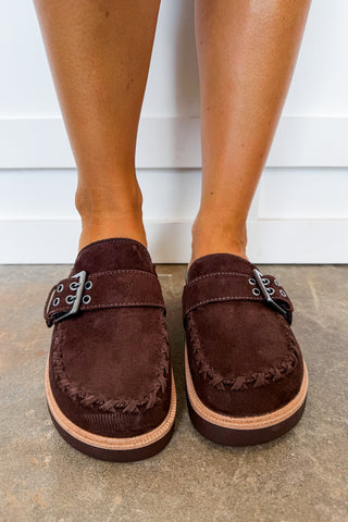 The Zaina Chocolate Suede Clog Mule by Mia