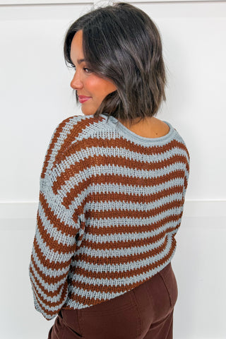 Effortless Stripe Notch Neck Sweater in Light Blue & Brown