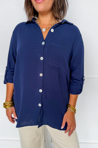 Dear Scarlett Celia Gauze Button Front Top in Navy