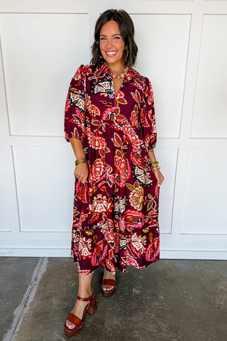 Talk Of The Town Paisley Midi Dress in Burgundy