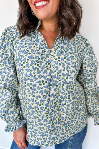 Falling For Florals Blue & Beige Long Sleeve Top