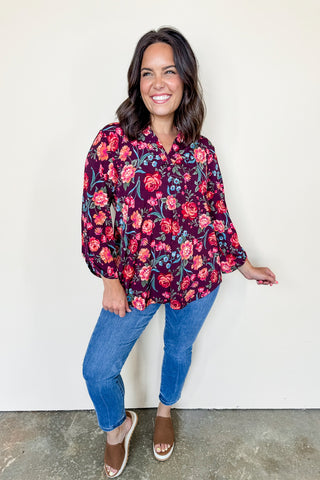 Dear Scarlett Lizzy Printed Top In Wine