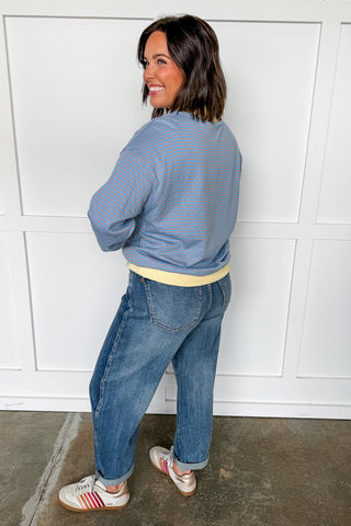 Double Take Reversible Dot & Stripe Mock Neck Pullover in Sky & Peach