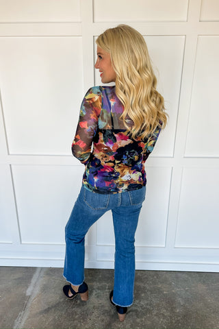 Dusky Blooms Fitted Mesh Long Sleeve Top