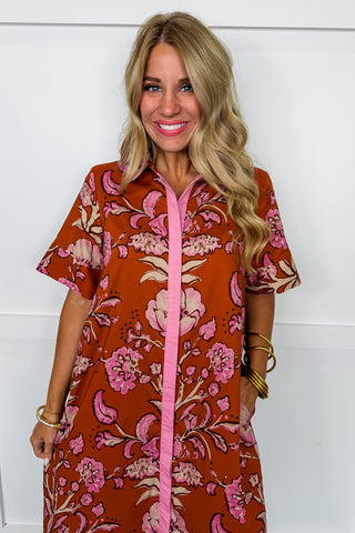 The Kayla Floral Midi Dress in Rust