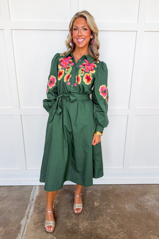 Evergreen Bloom Tie Waist Midi Dress