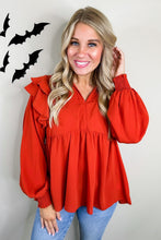 Load image into Gallery viewer, Smocked Sleeve Babydoll Top with Ruffle Detailing in Rust Orange