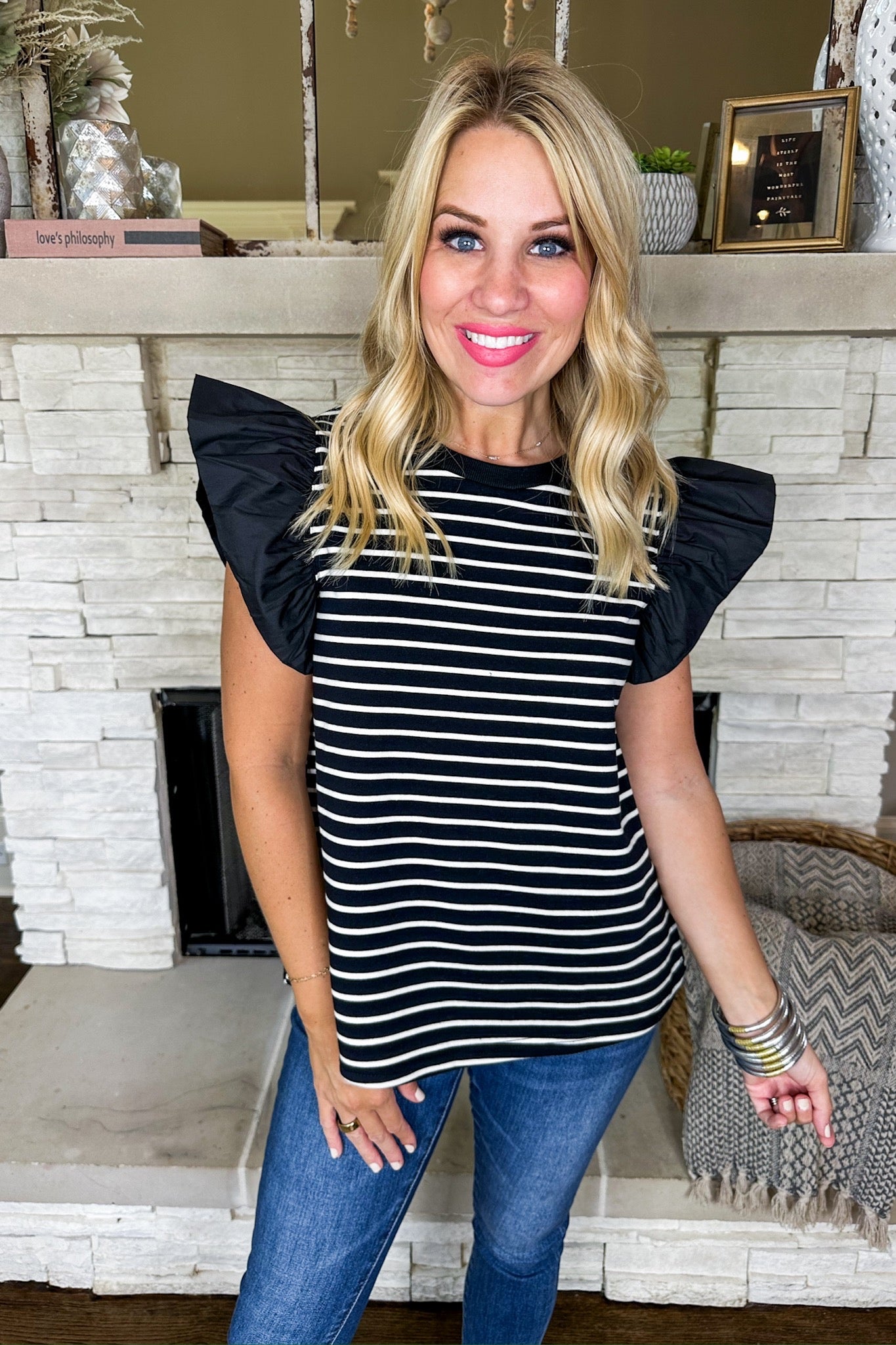 Striped Ruffle Cap Sleeve Top in Black