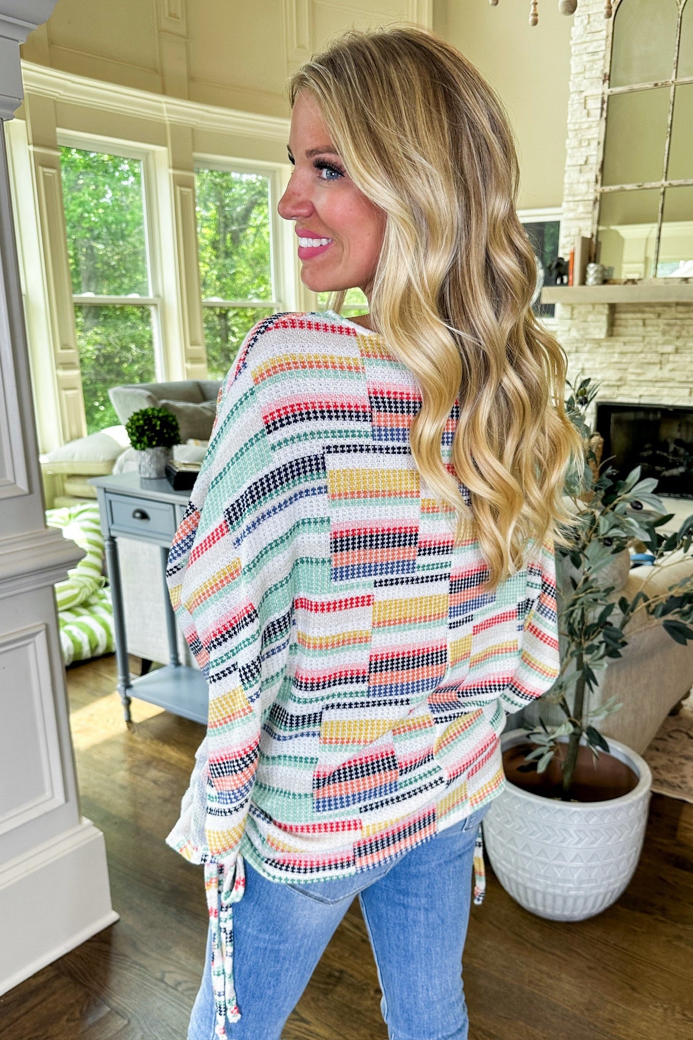 Cinched Multi Color Stripe Knit Poncho Top