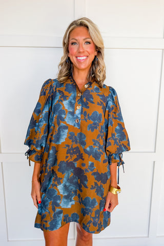 Social Season Button Front Dress in Camel & Blue Floral