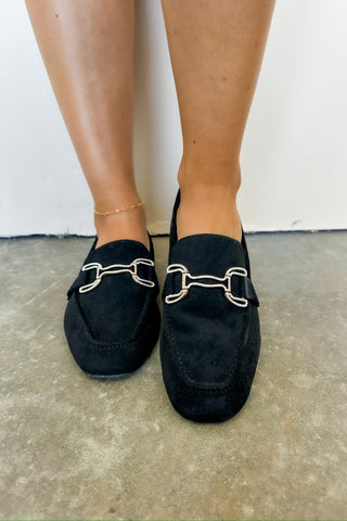Won the Lottery Crystal Gold Metal Chain Suede Loafer in Black