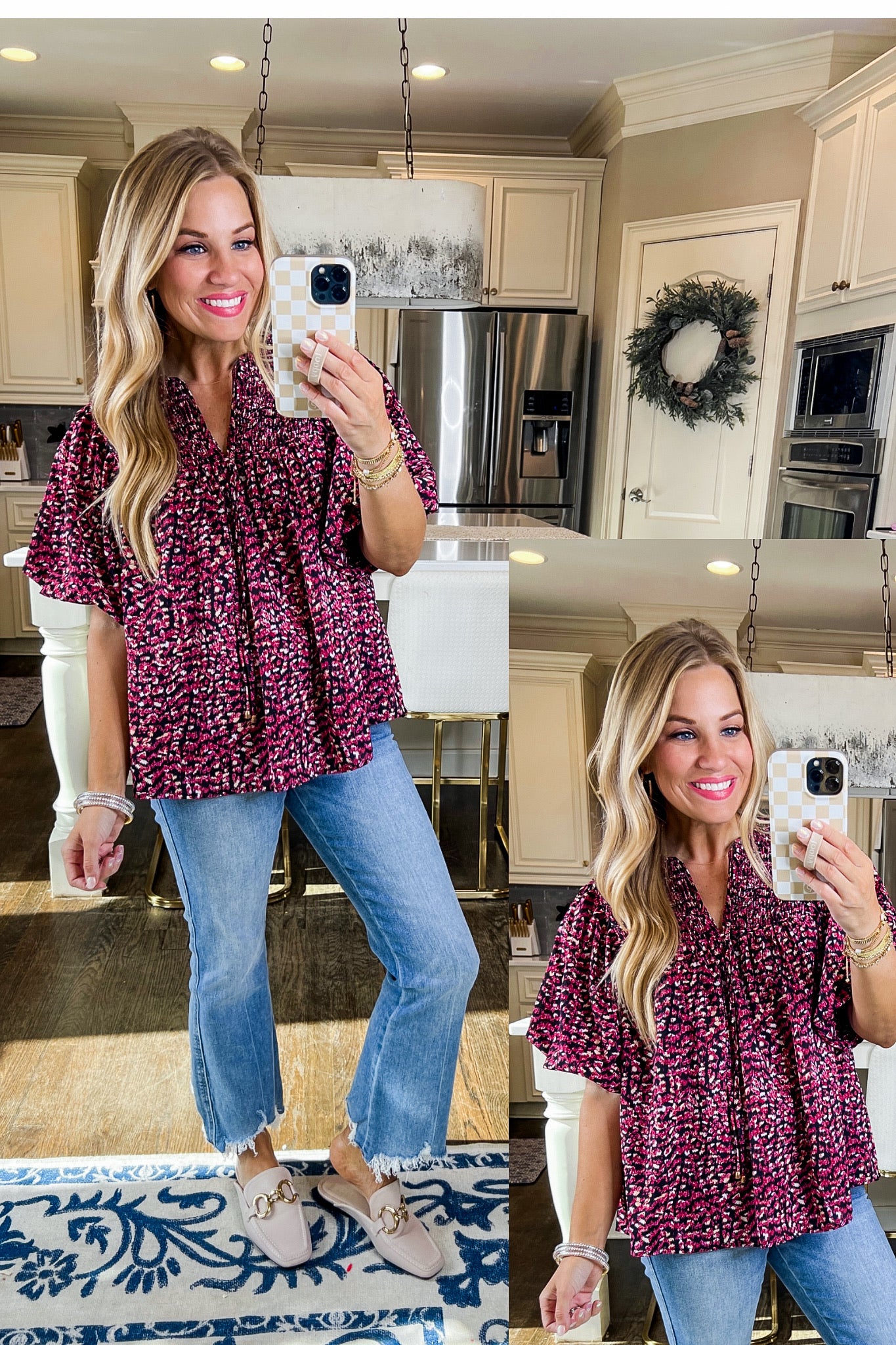 Spotted Pattern V Neck Bubble Sleeve Top in Pink