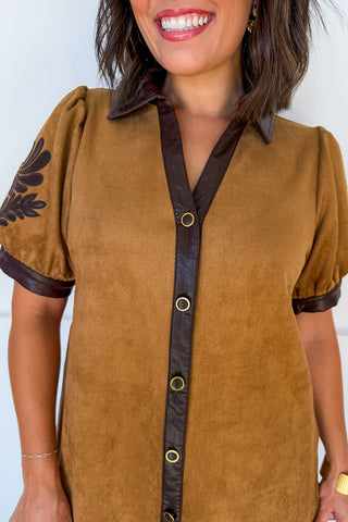 Out West Faux Suede Button Down Shift Dress