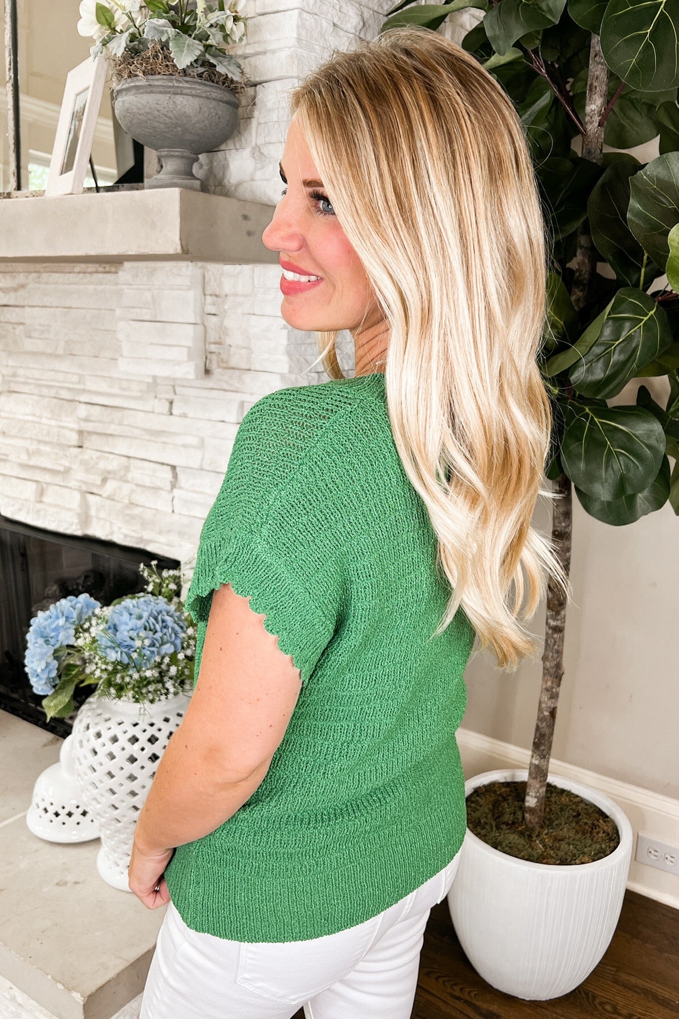Boxy Round Neck Textured Knit Top in Green