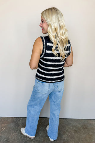 Cozy Black & Ivory Striped Sleeveless Sweater Top