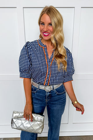 The Elaine Top in Gingham Navy/Orange by Mary Square