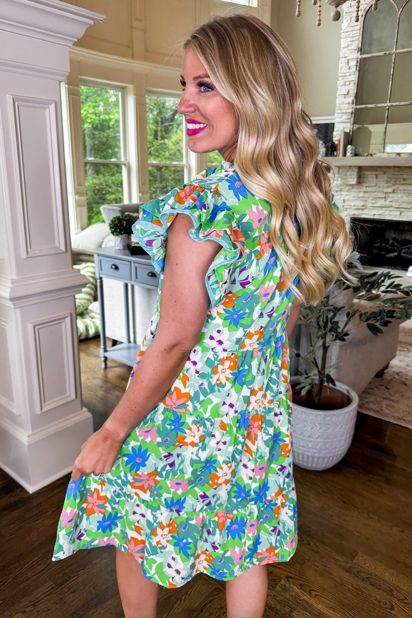 Floral Tiered Ruffle Sleeve V Neck Dress