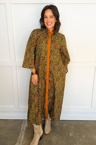 Floral Mosaic Contrast Trim Midi Dress in Olive & Toffee