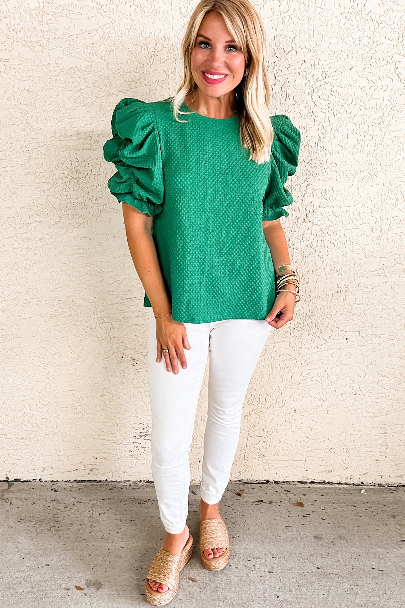 Micro Gingham Texture Puff Sleeve Top in Green