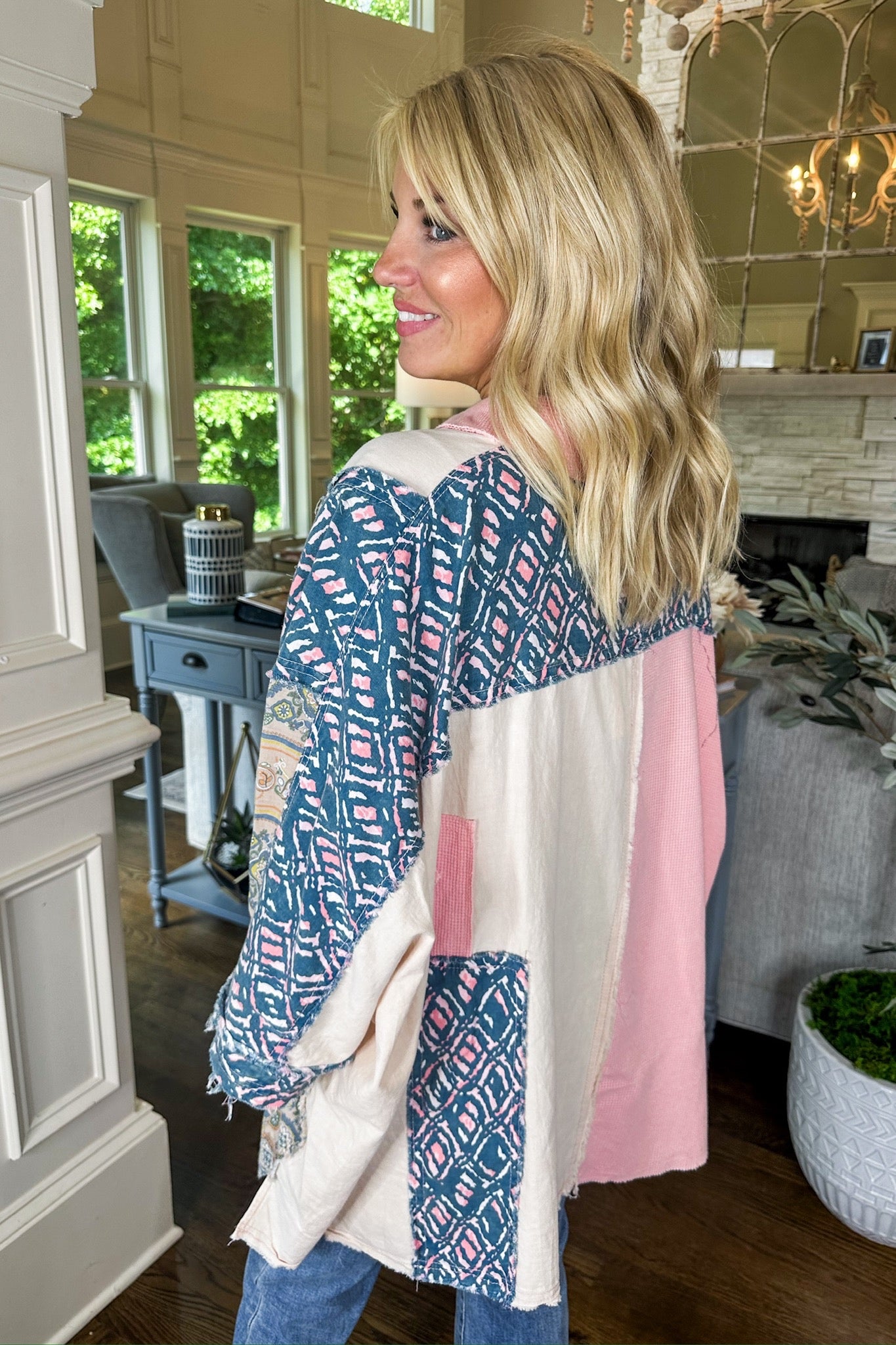 Oversized Boho Patchwork Button Down Collared Poncho Top