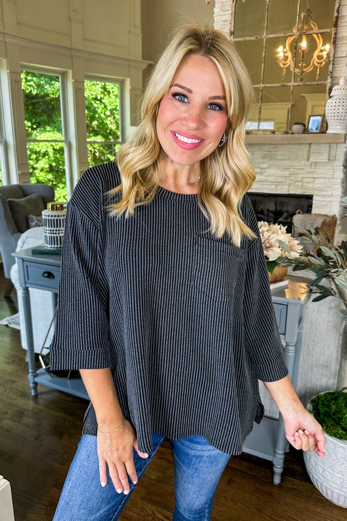 The Macy Ribbed Pocketed Three-Quarter Sleeve Top in Black