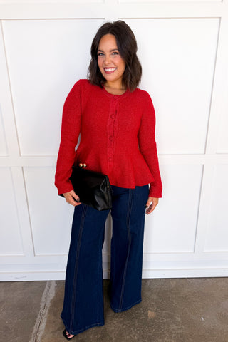 The Collins Button Front Flare Sweater in Red
