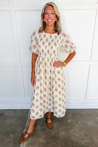 Autumn Petal Smocked Midi Dress