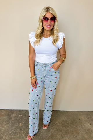 Bejeweled Gemstone Straight Leg Denim Jeans