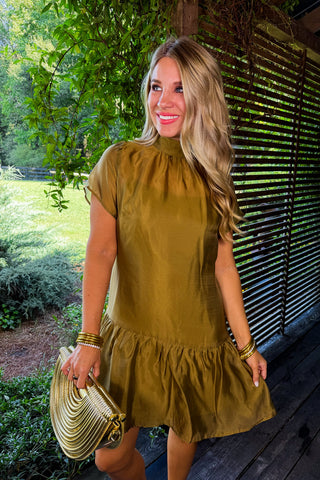 The Amelia Soirée Organza Short Sleeve Dress in Olive