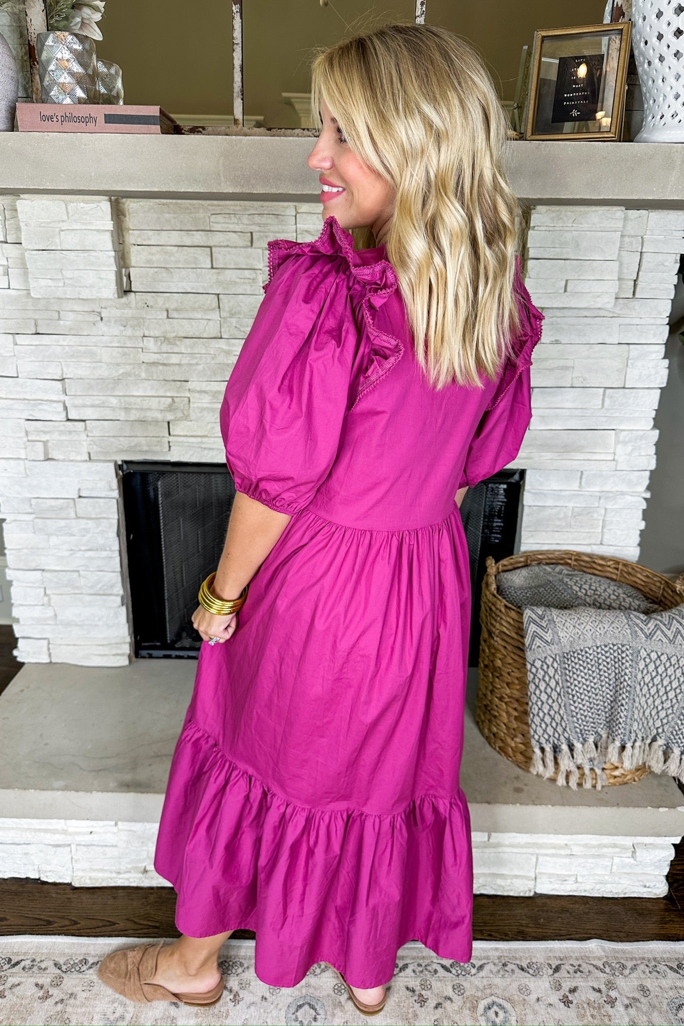 Ruffle Puff Sleeve Button Loop Poplin Midi Dress in Magenta