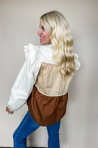 Neutral Color Block Ruffle Detailed Tie Neck Poplin Top