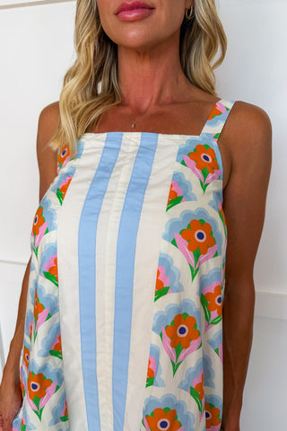 Retro Bloom Stripe Midi Dress in Blue
