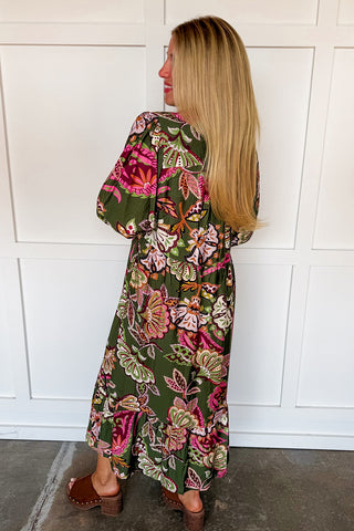 Talk Of The Town Paisley Midi Dress in Olive