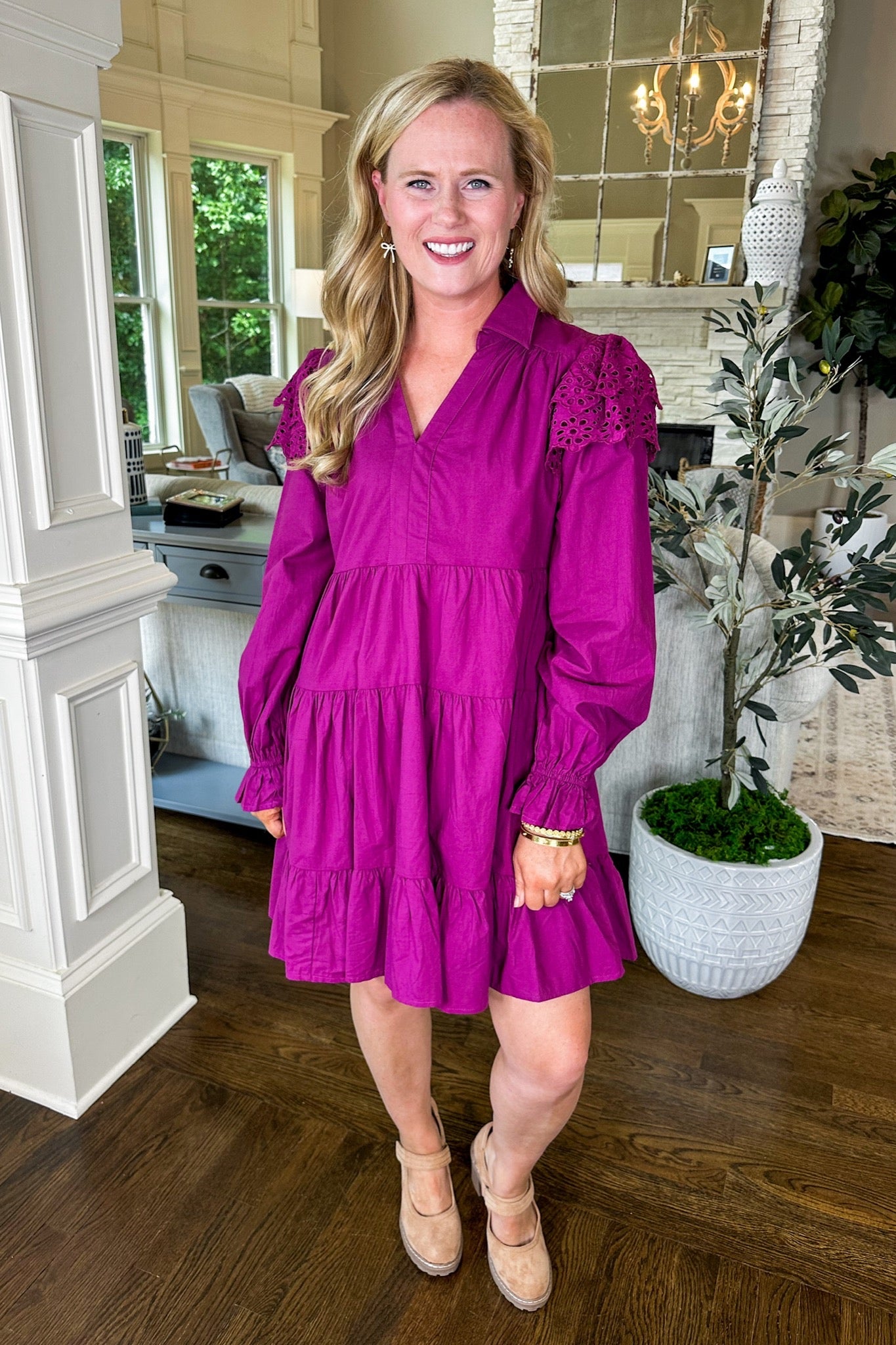 Eyelet Ruffle Sleeve Collared Tiered Long Sleeve Dress in Magenta